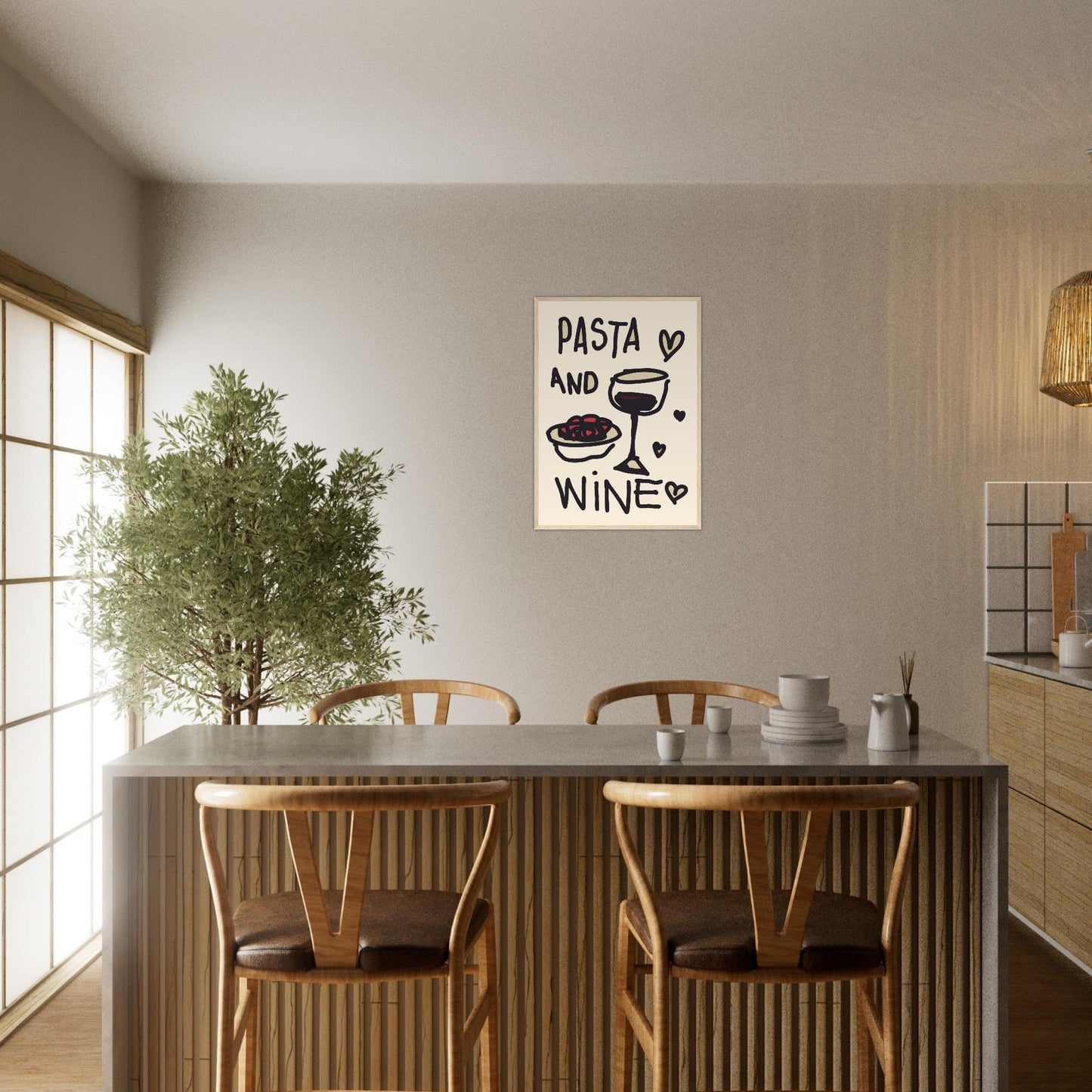 Food 'Pasta & Wine' - Premium Matte Paper Wooden Framed Poster