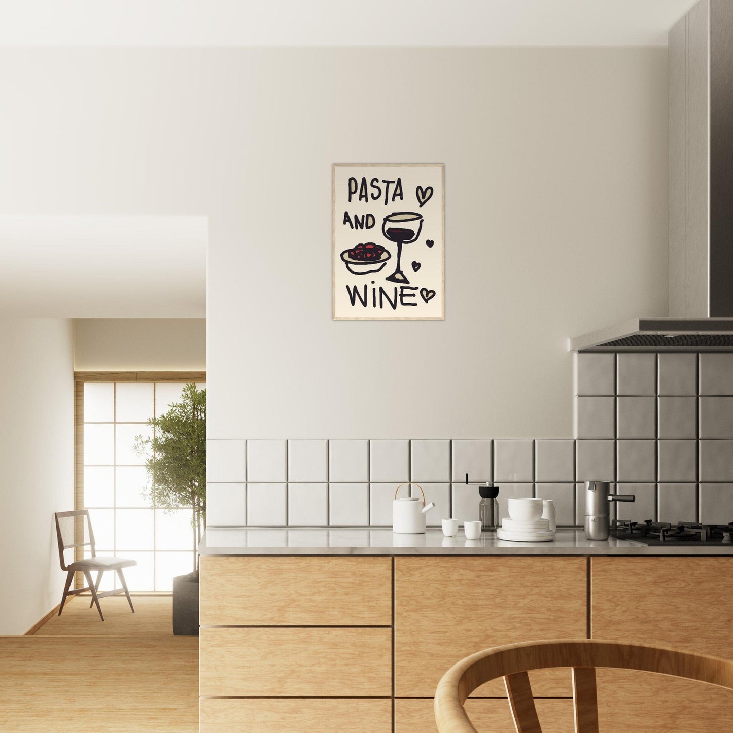 Food 'Pasta & Wine' - Premium Matte Paper Wooden Framed Poster