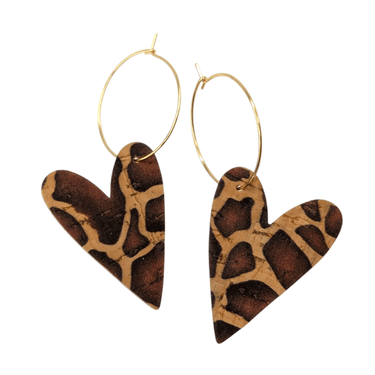 Brown cow print cork heart hoop earrings