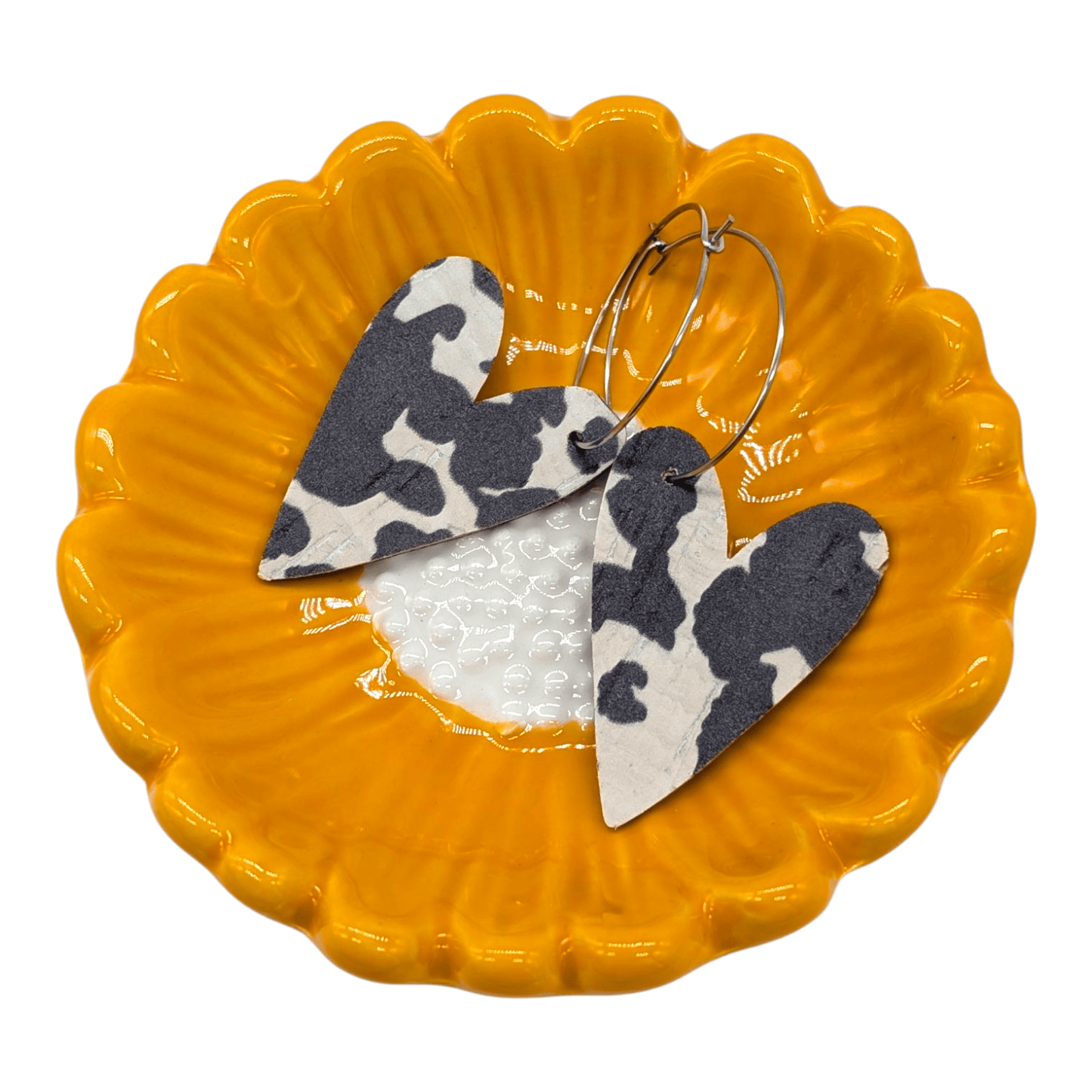 Cow print heart cork hoop earrings