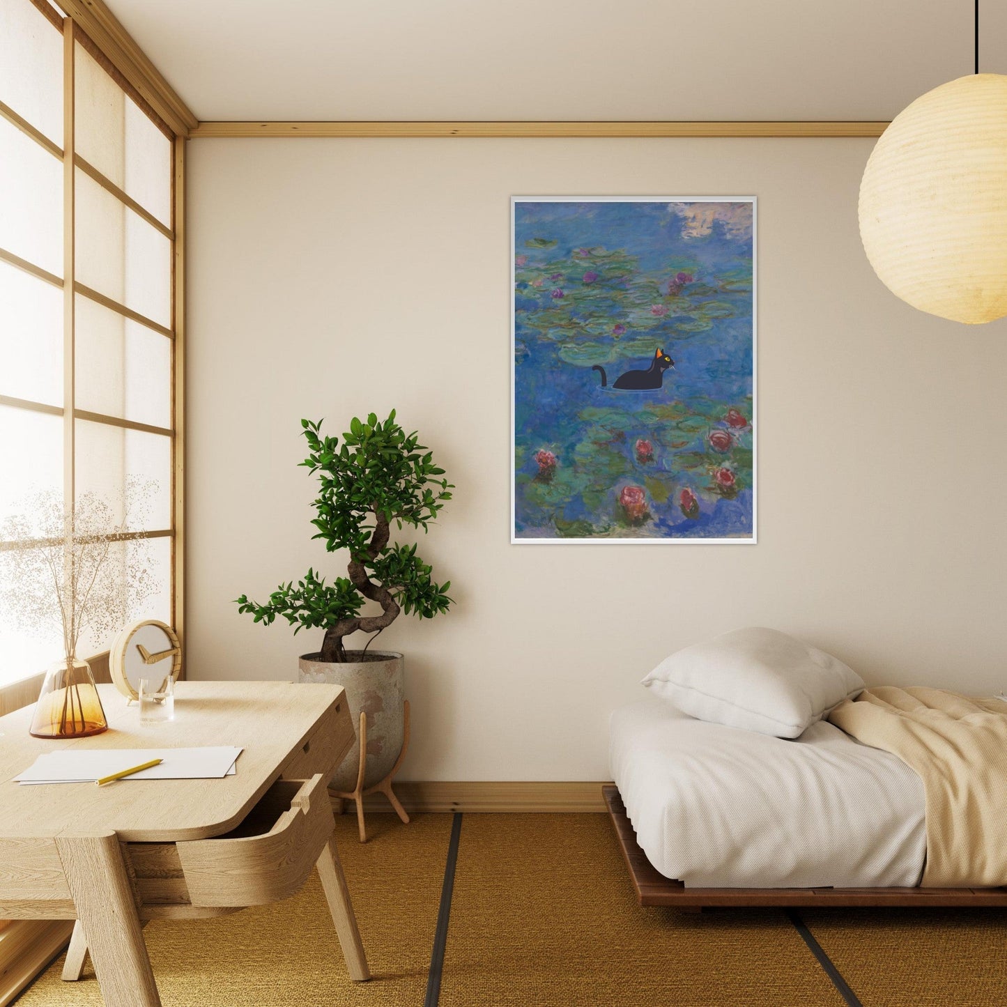 Water lilies (Cat) - Premium Matte Paper Wooden Framed Poster