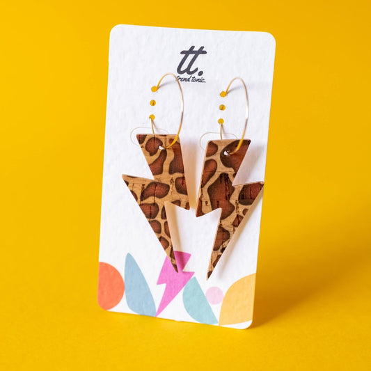 Brown cow cork lightning bolt earrings