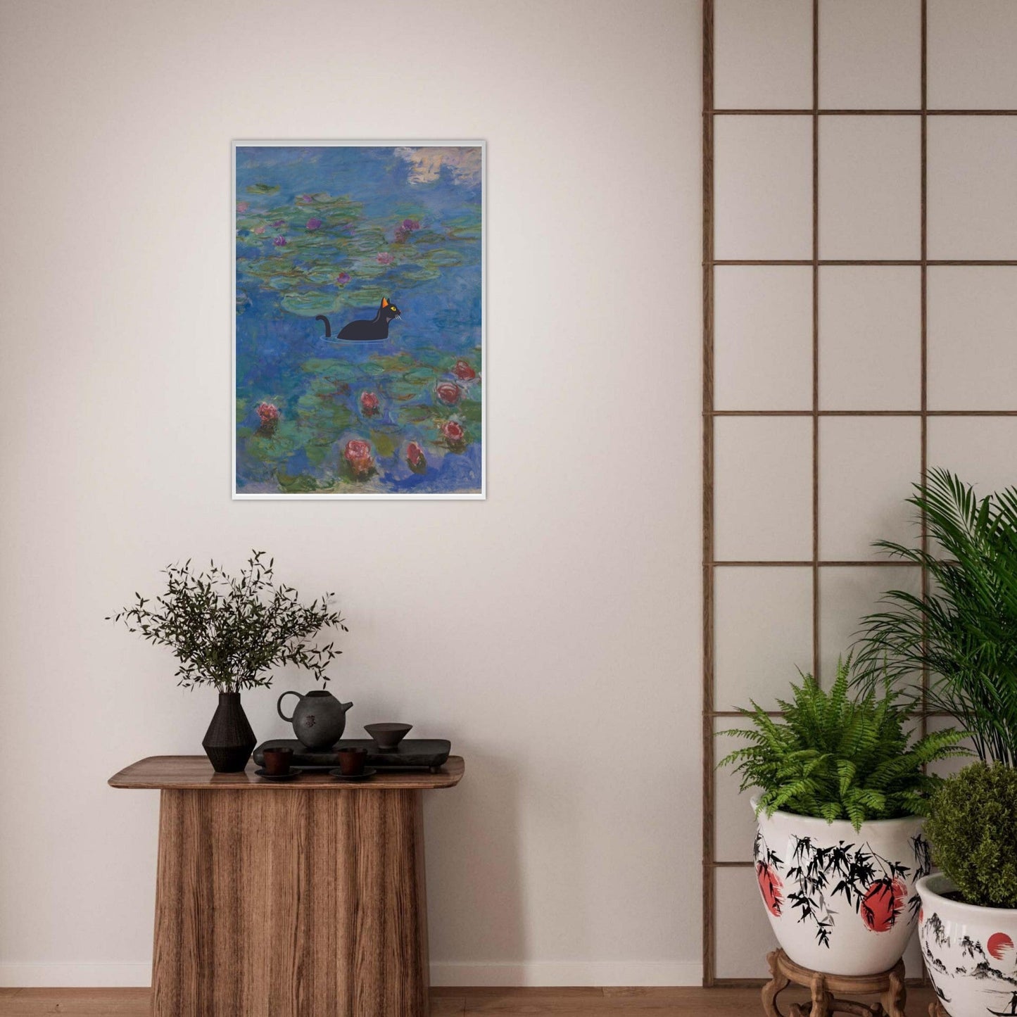 Water lilies (Cat) - Premium Matte Paper Wooden Framed Poster