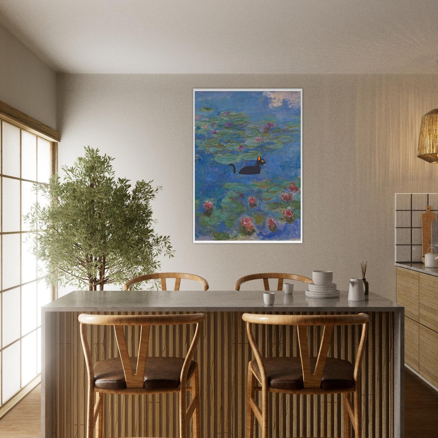 Water lilies (Cat) - Premium Matte Paper Wooden Framed Poster